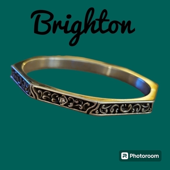 BRIGHTON Silver Plated Scroll Deco Lace Crystal Octagon Bangle Bracelet - Picture 1 of 6